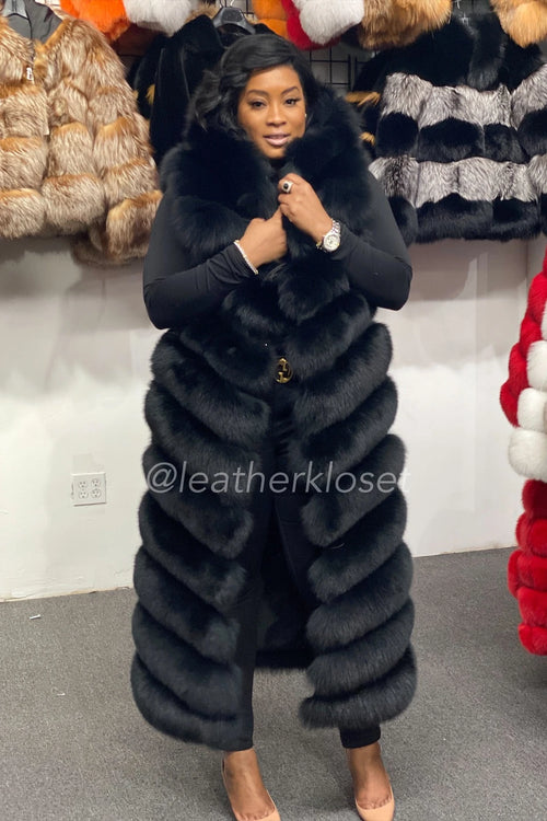 Women's Long Black Fox Fur Vest With Hood