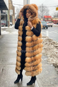 Women's Long Red Fox Fur Vest With Hood