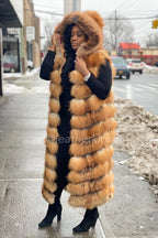 Women's Long Red Fox Fur Vest With Hood