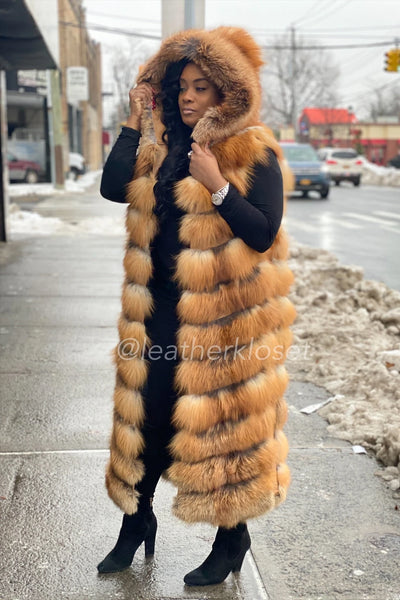 Women's Long Red Fox Fur Vest With Hood – LeatherKloset