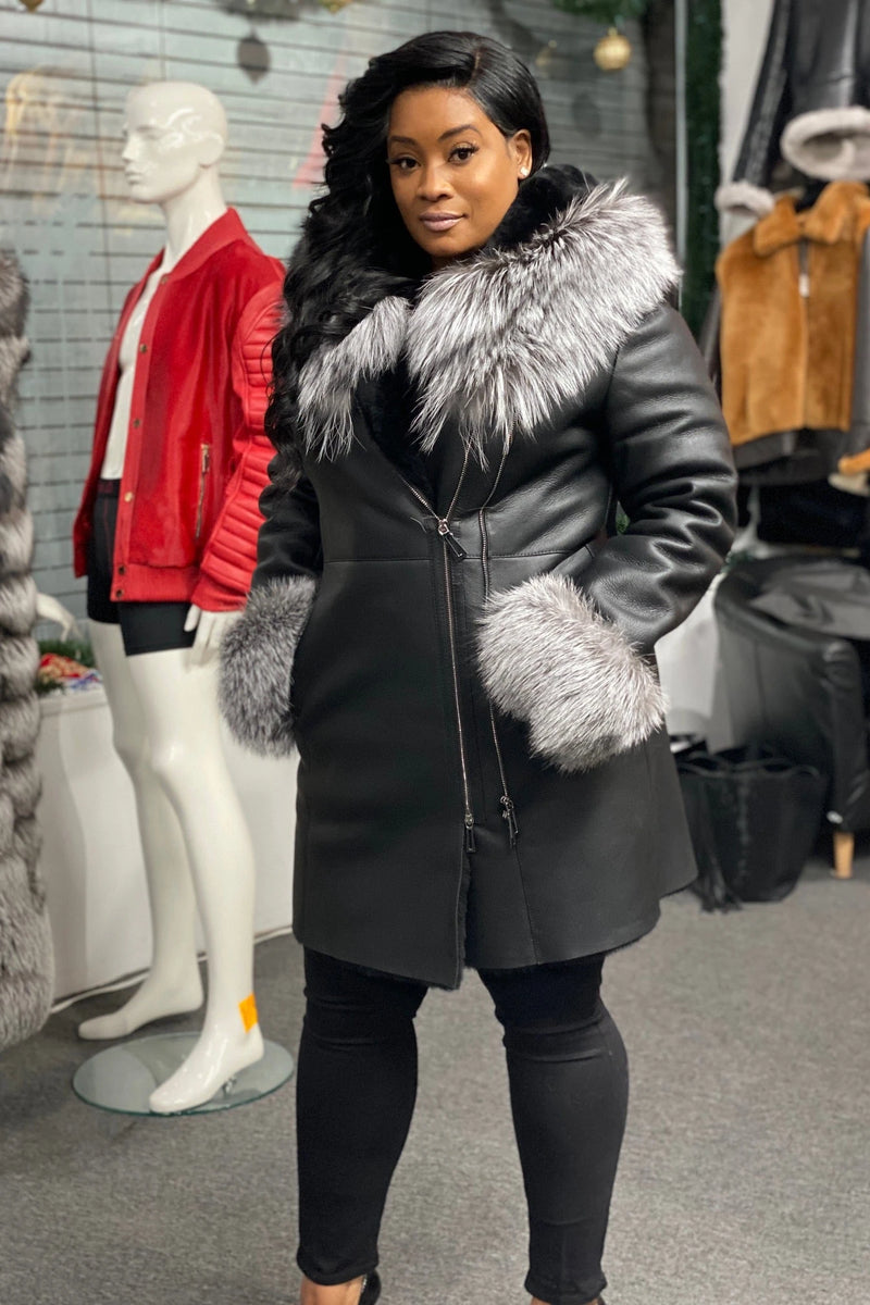 Women's Real Sheepskin 3/4 Coat With Fox