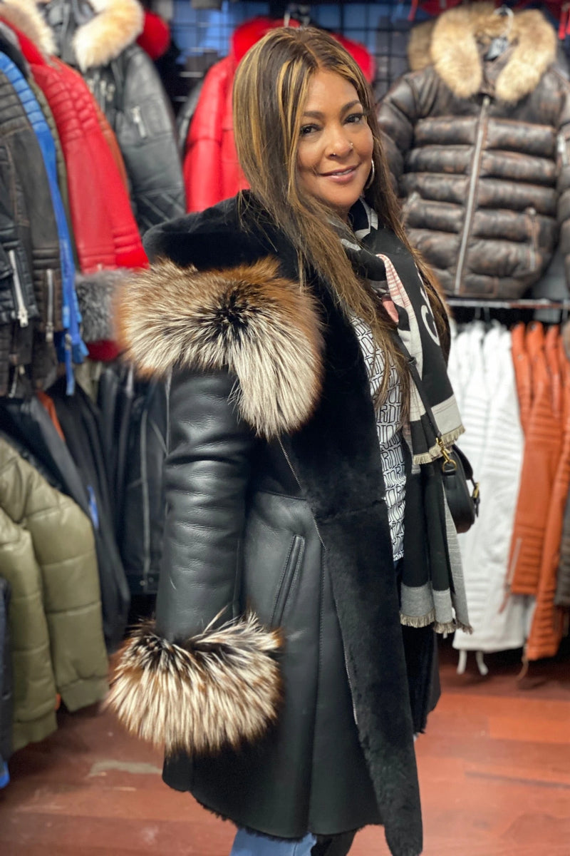 Women's Real Sheepskin 3/4 Coat With Fox