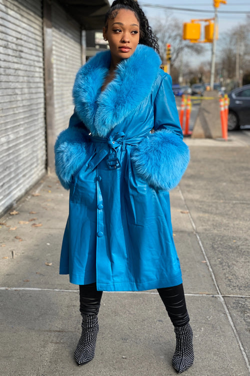 Women's Royal Blue Leather Trench With Full Fox Fur