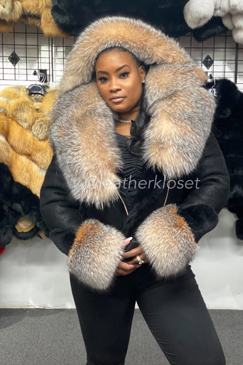 Women's Sheepskin Biker Jacket With Full Fox