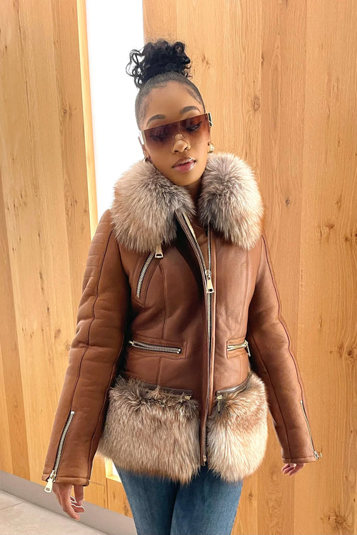 Women's Sophia Real Sheepskin Jacket With Fox [Tan]