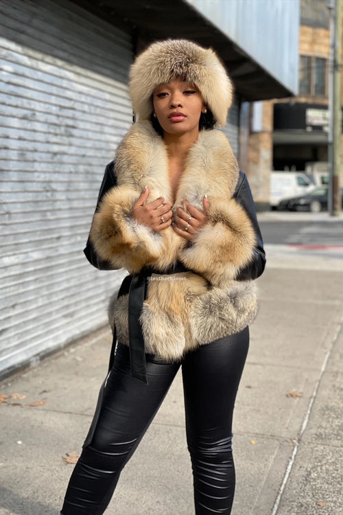 Women's Tina Leather Jacket With Full Fox Trimming [With Headband]
