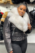 Women's Trey Biker Black Oversized Fox Collar [Natural White Fur]