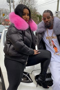 Women's V-Bomber Black Premium Fox Fur Collar [Pink Fur]