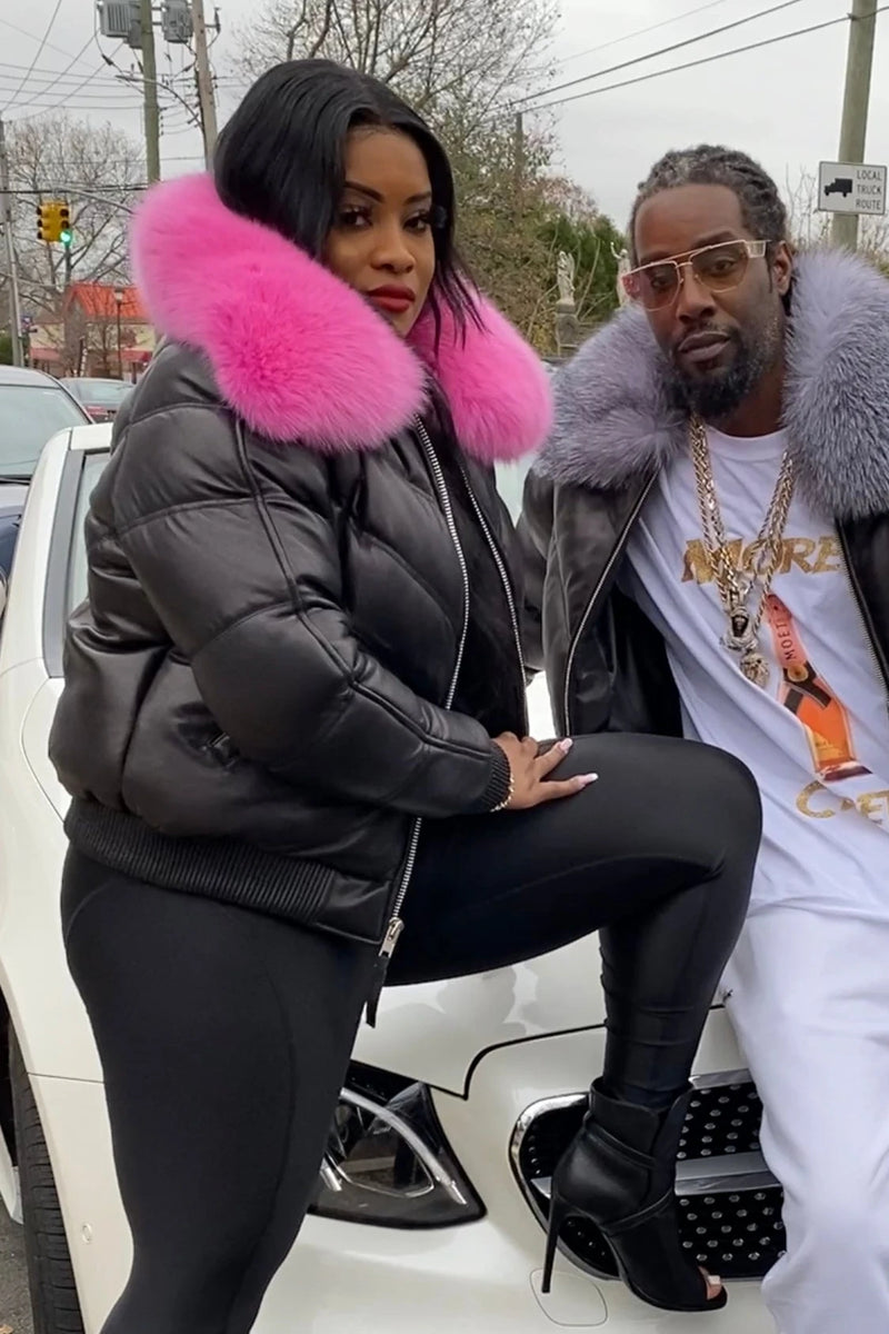 Women's V-Bomber Black Premium Fox Fur Collar [Pink Fur]