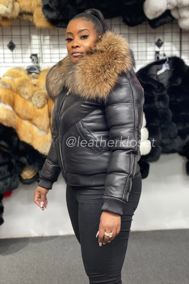 Women's V-Bomber Black Premium Fox Fur Collar [Raccoon Fur]