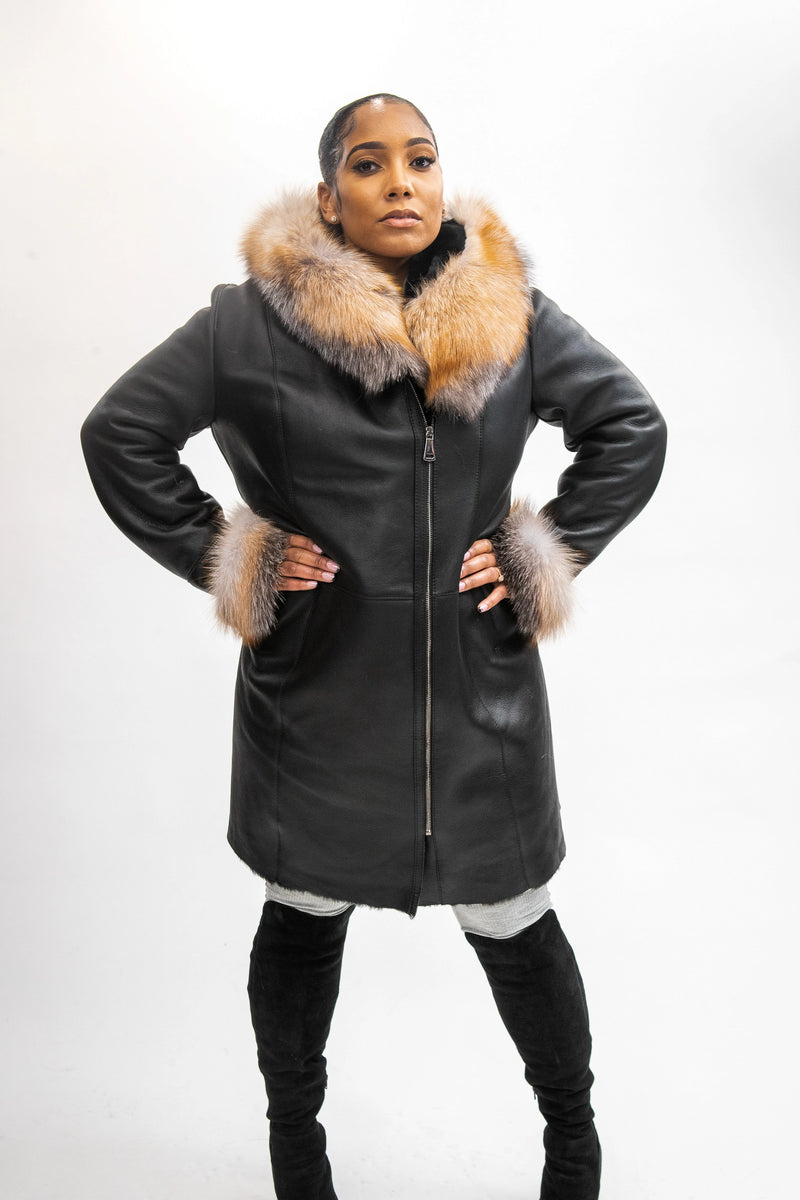 Women's Vivian Real Sheepskin 3/4 Coat With Fox [Crystal Fox]