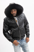 Men's Lucas Quilted Leather Bomber Jacket With Fox Hood [Black Fox]
