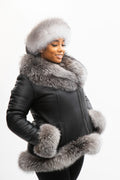 Women's Amber Shearling Sheepskin Jacket With Fox [Black/Silver]