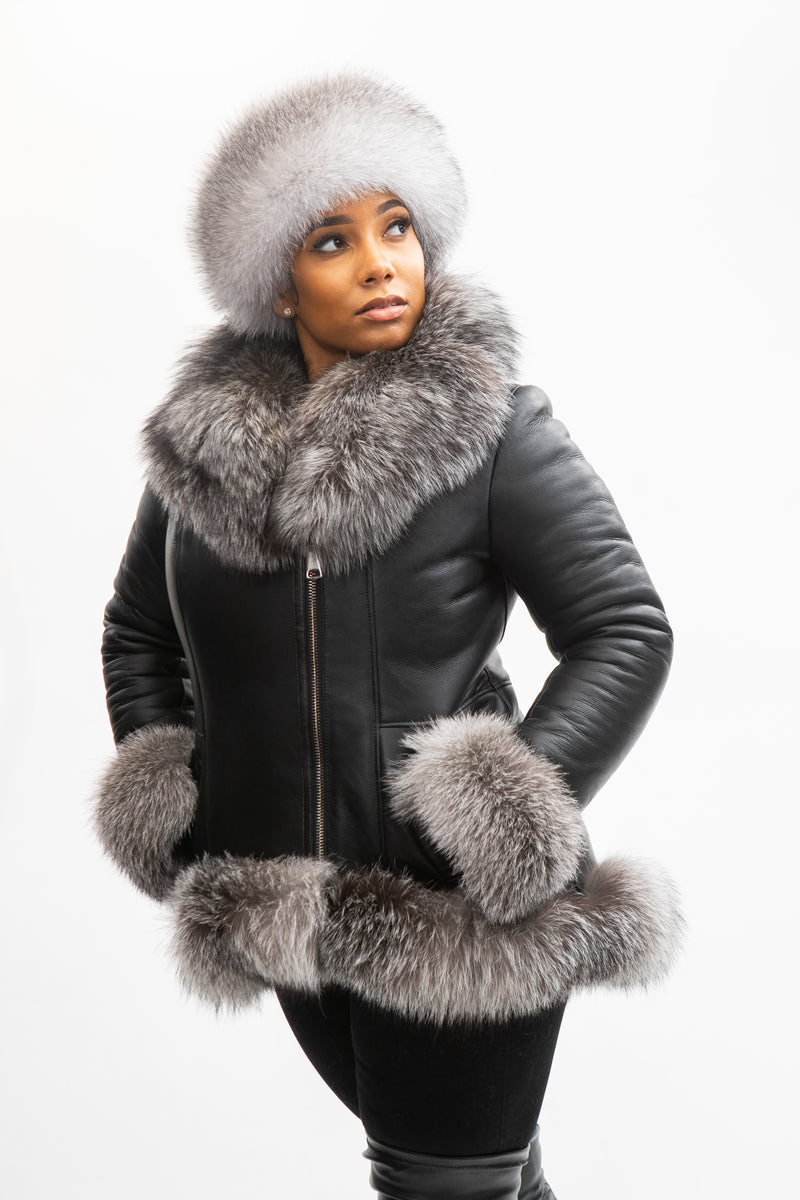 Women's Amber Shearling Sheepskin Jacket With Fox [Black/Silver]