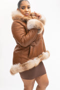 Women's Amber Shearling Sheepskin Jacket With Fox [Brown]