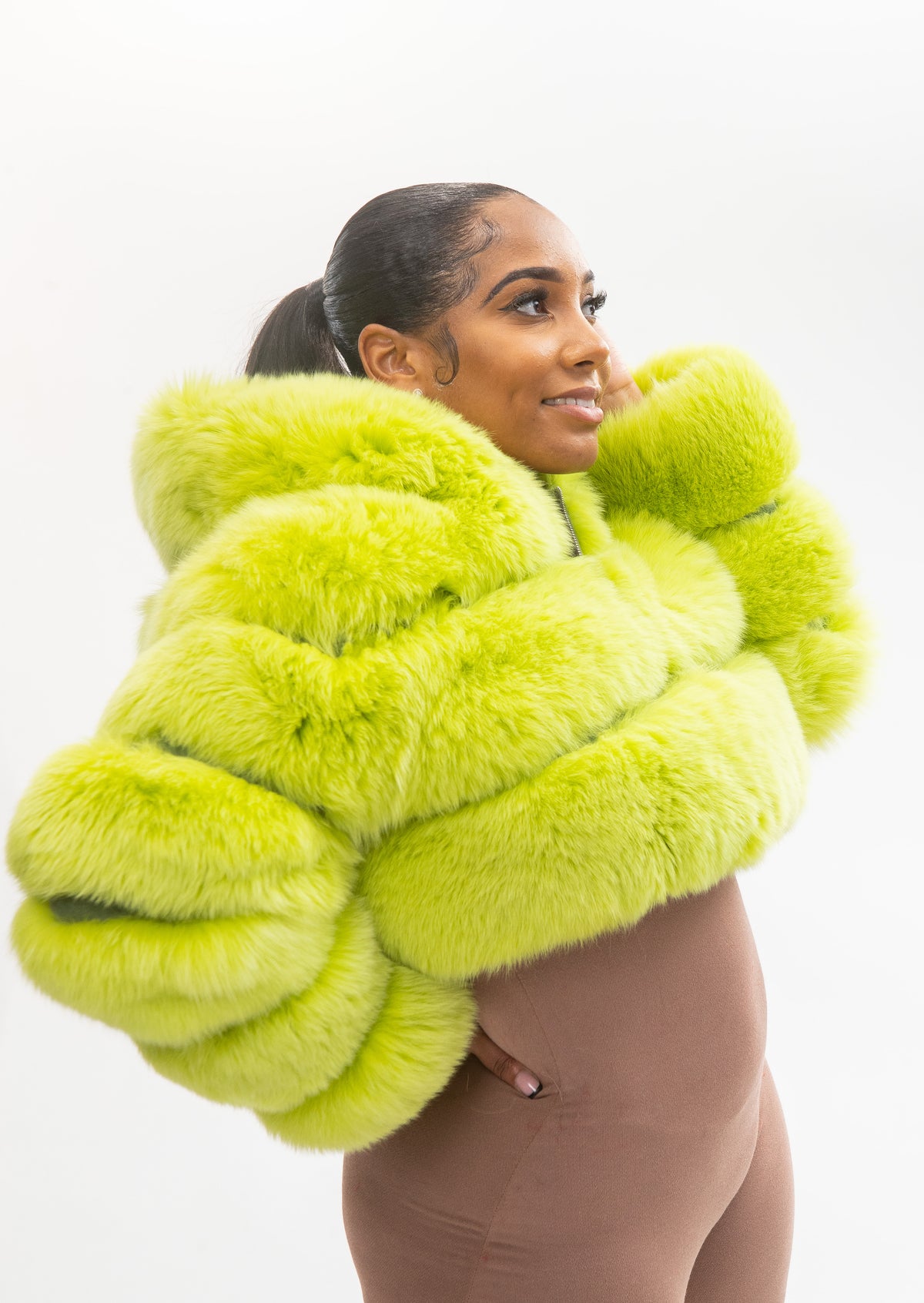 Women's Crop Fox Bomber With Hood [Lime Green]