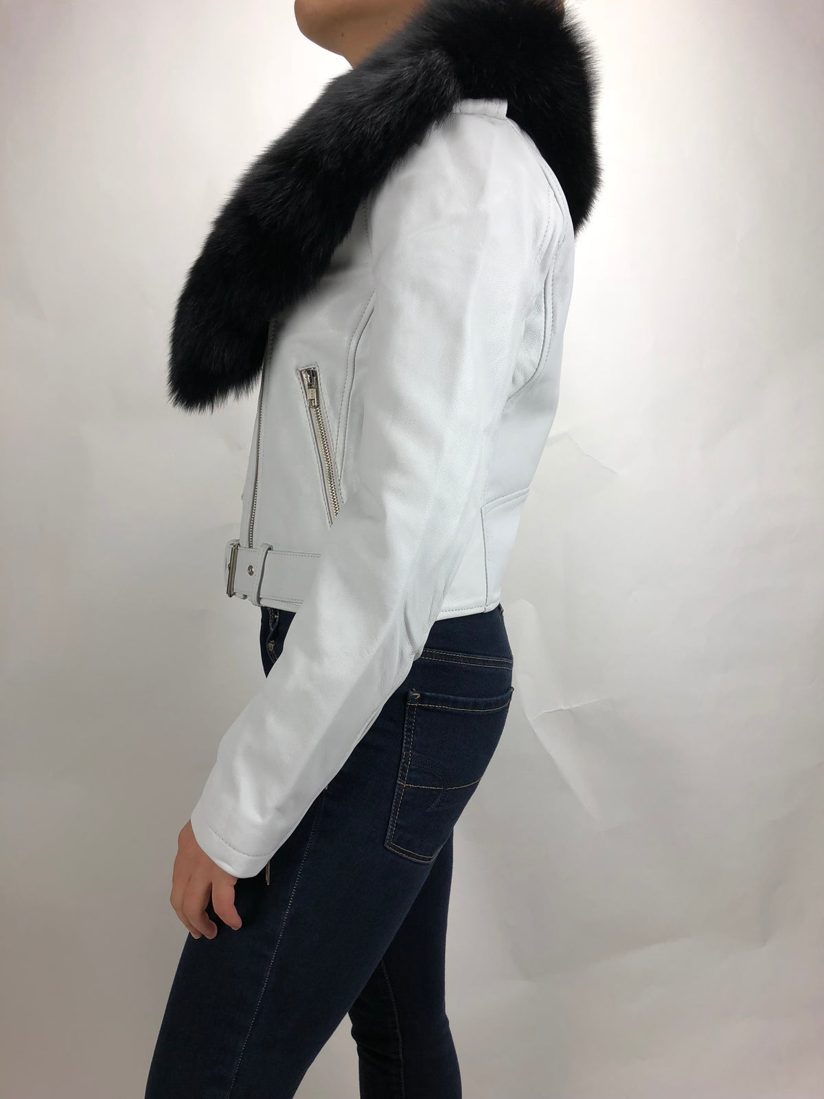 Women's Classic Biker White With Fox Collar [ SLIM FIT ]