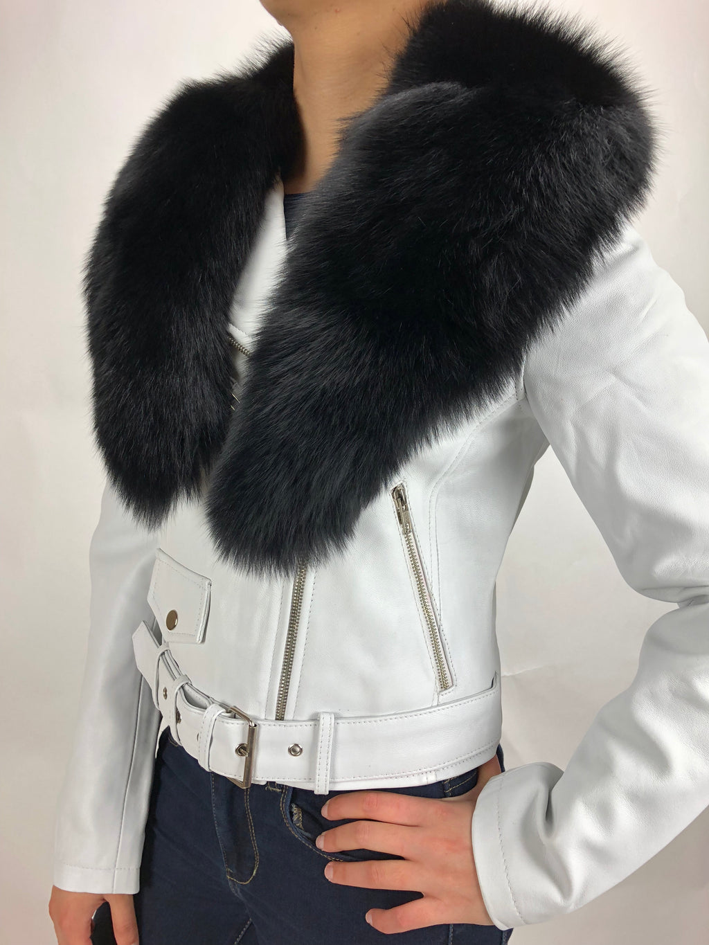 Women's Classic Biker White With Fox Collar [ SLIM FIT ]