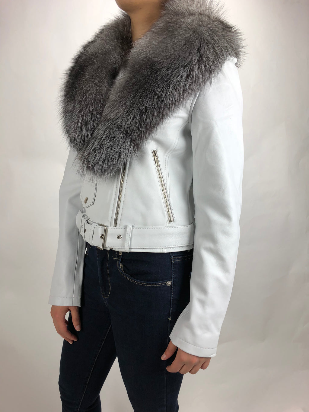Women's Classic Biker White With Fox Collar [ SLIM FIT]