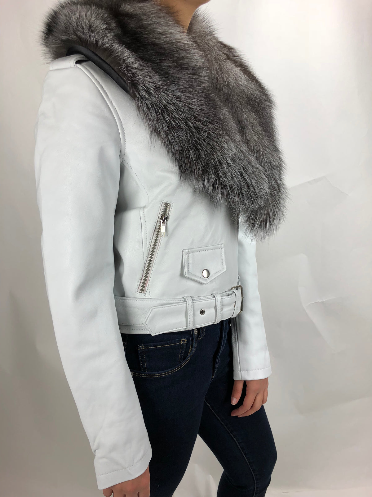 Women's Classic Biker White With Fox Collar [ SLIM FIT]
