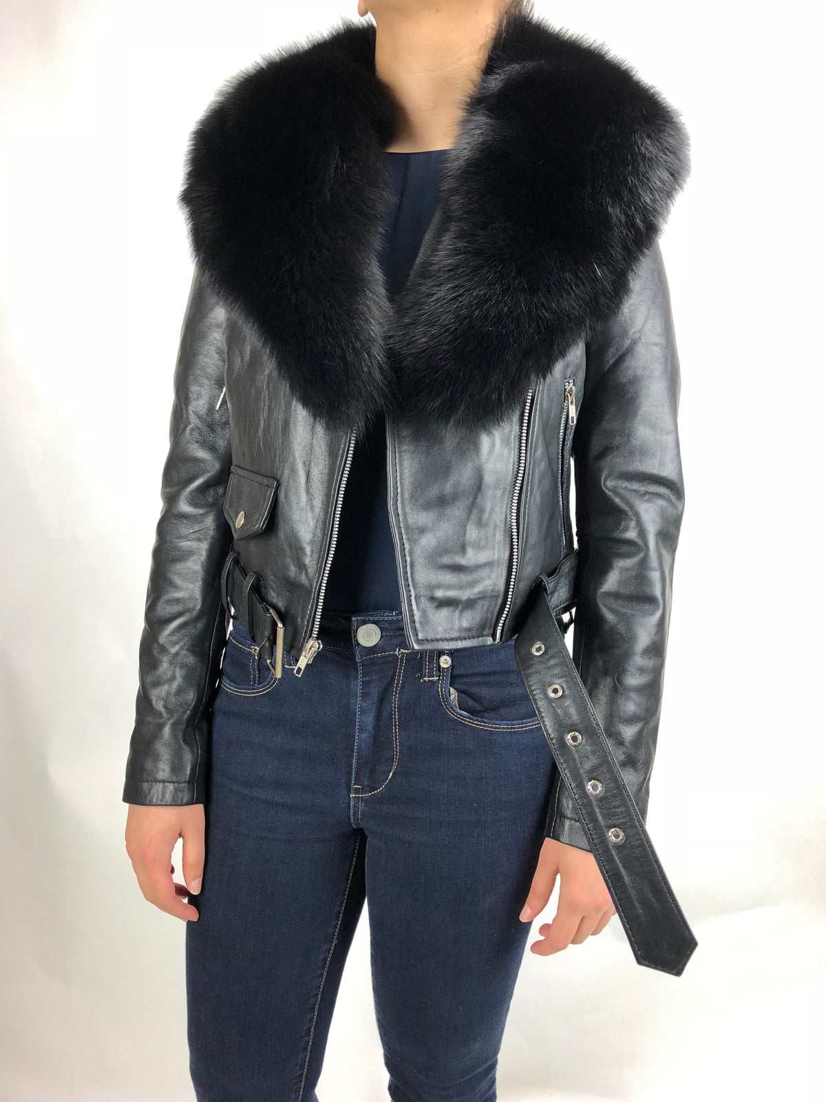 Women's Classic Biker Black With Fox Collar [Slim Fit]