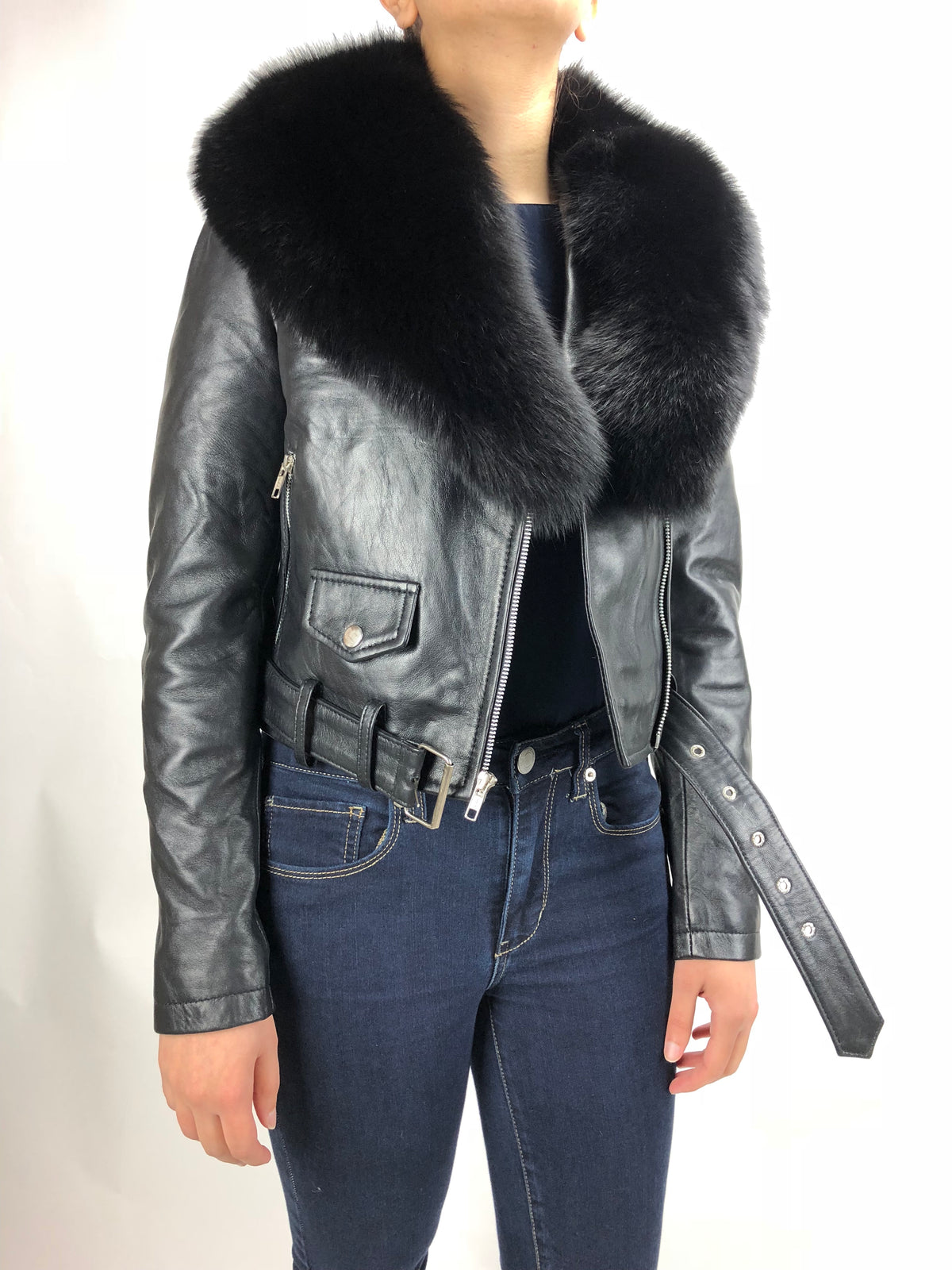 Women's Classic Biker Black With Fox Collar [Slim Fit]