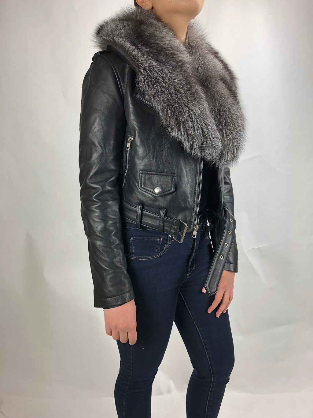 Women's Classic Biker Black With Fox Collar [Slim Fit]