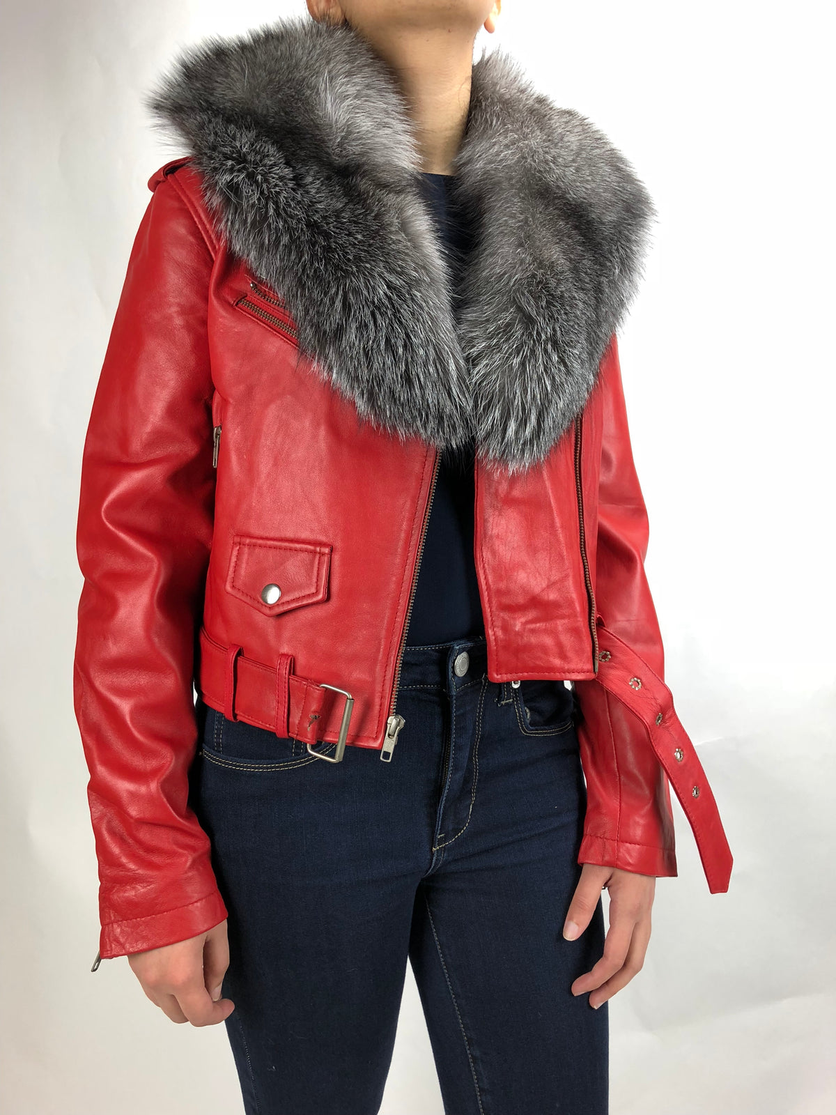 Women's Classic Biker Red With Fox Collar [SLIM FIT]