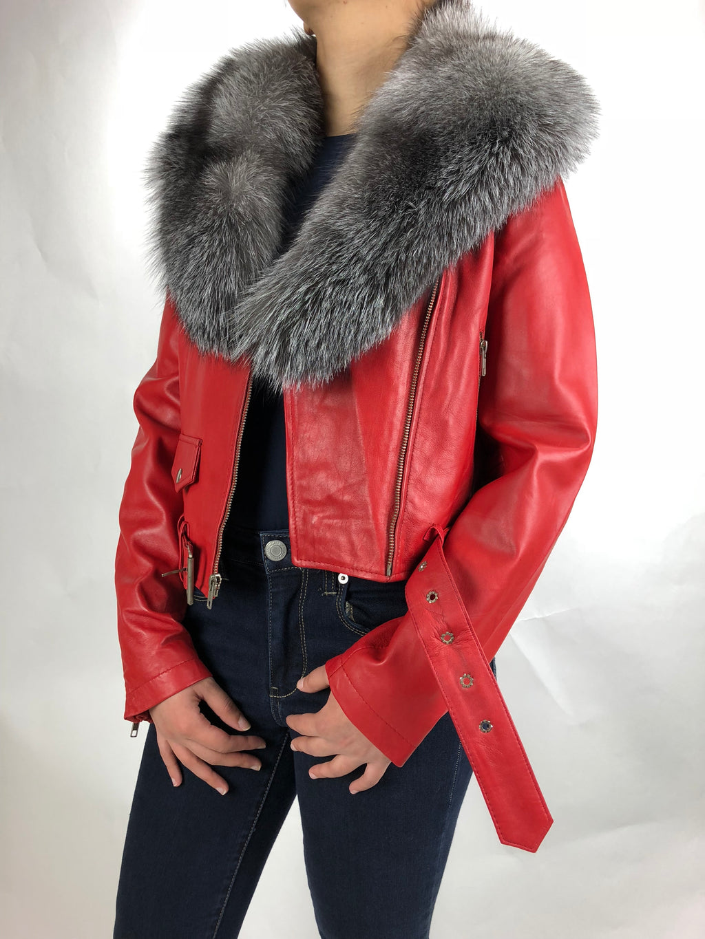 Women's Classic Biker Red With Fox Collar [SLIM FIT]