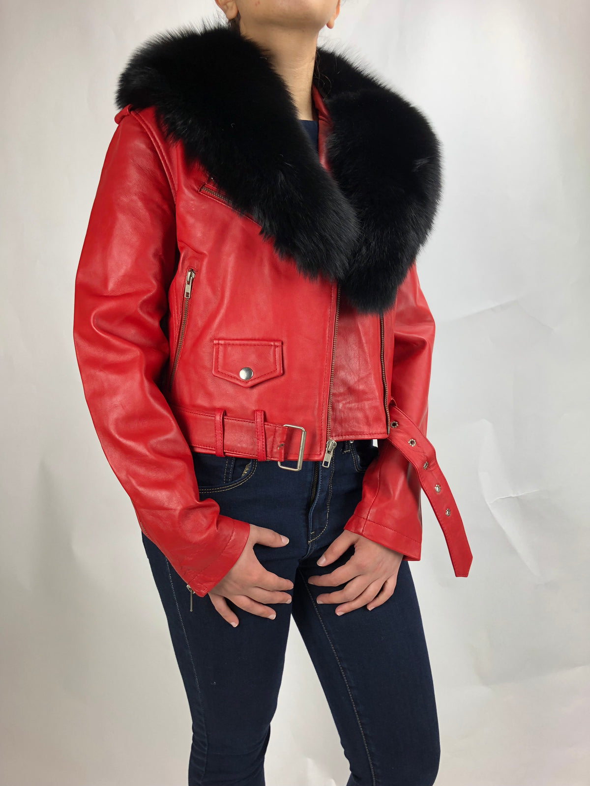 Women's Classic Biker Red With Fox Collar [SLIM FIT]