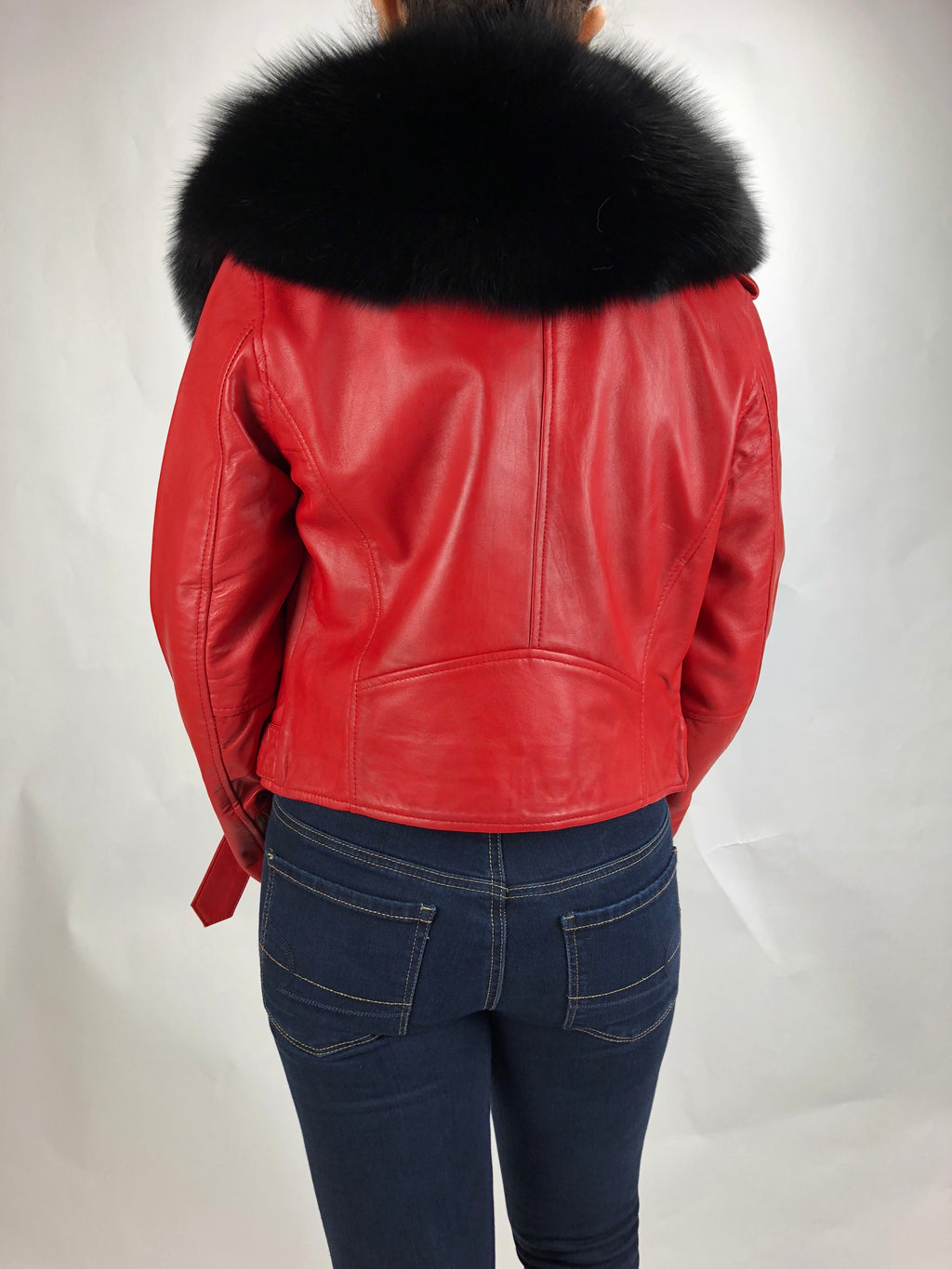 Women's Classic Biker Red With Fox Collar [SLIM FIT]