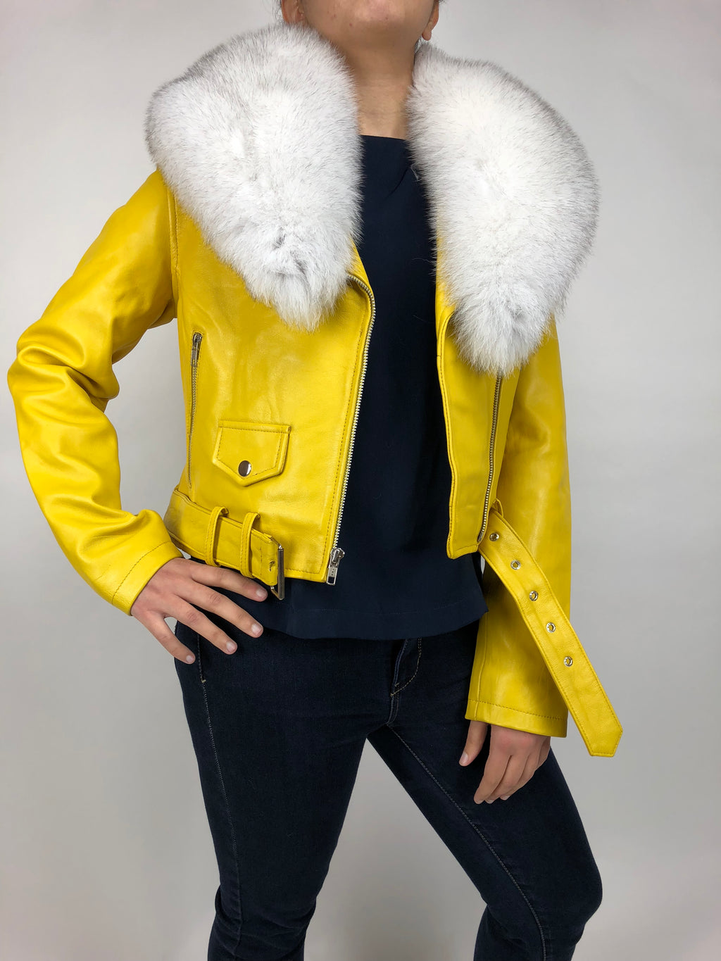 Women's Classic Biker Yellow With Fox Collar [ SLIM FIT ]