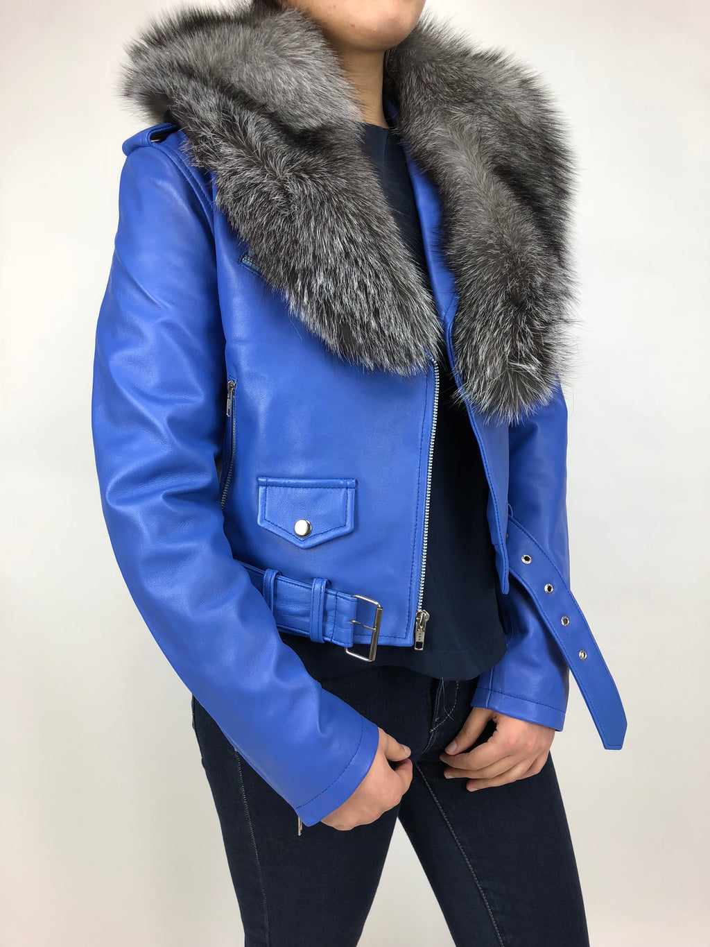 Women's Classic Biker Royal Blue With Fox Collar [ SLIM FIT ]
