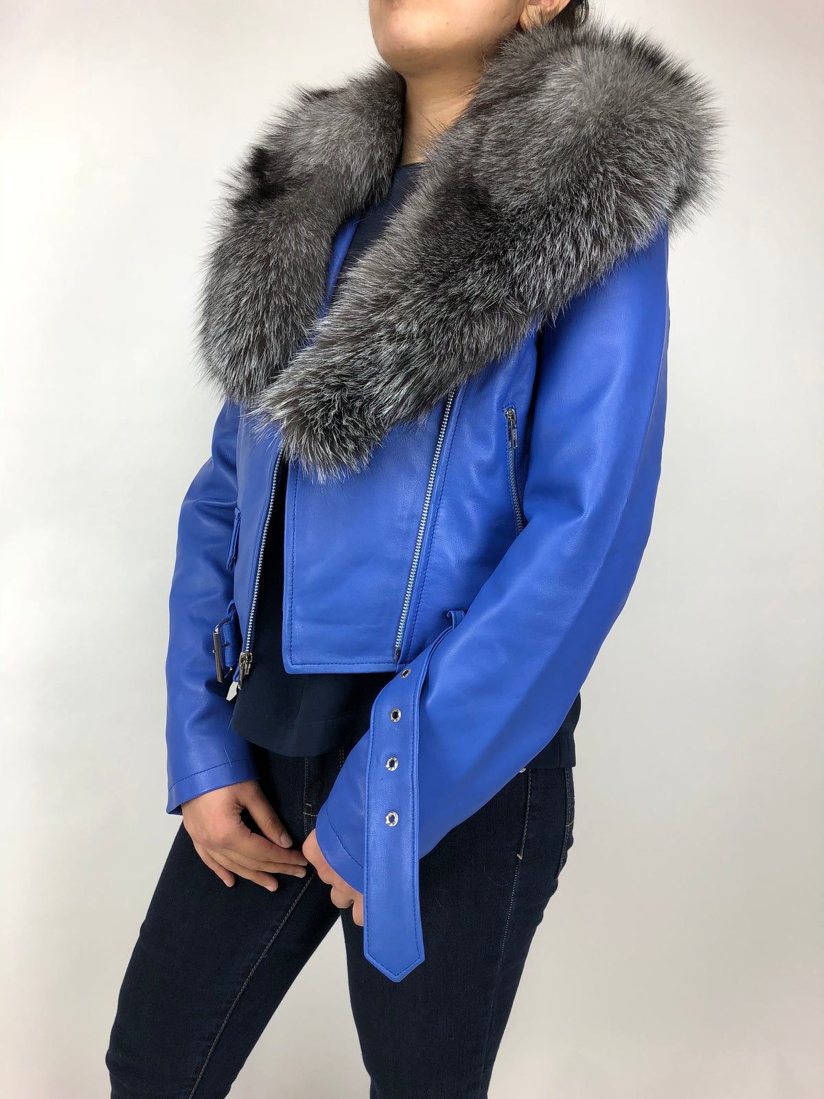 Women's Classic Biker Royal Blue With Fox Collar [ SLIM FIT ]