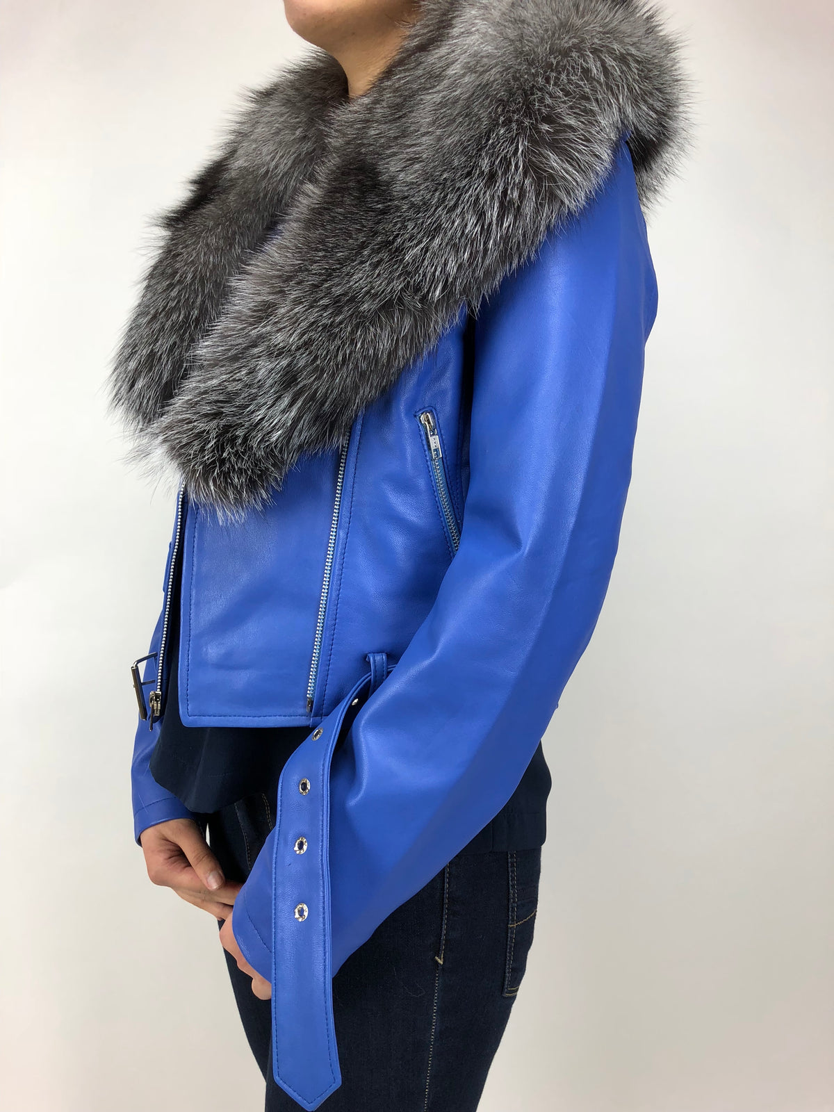 Women's Classic Biker Royal Blue With Fox Collar [ SLIM FIT ]