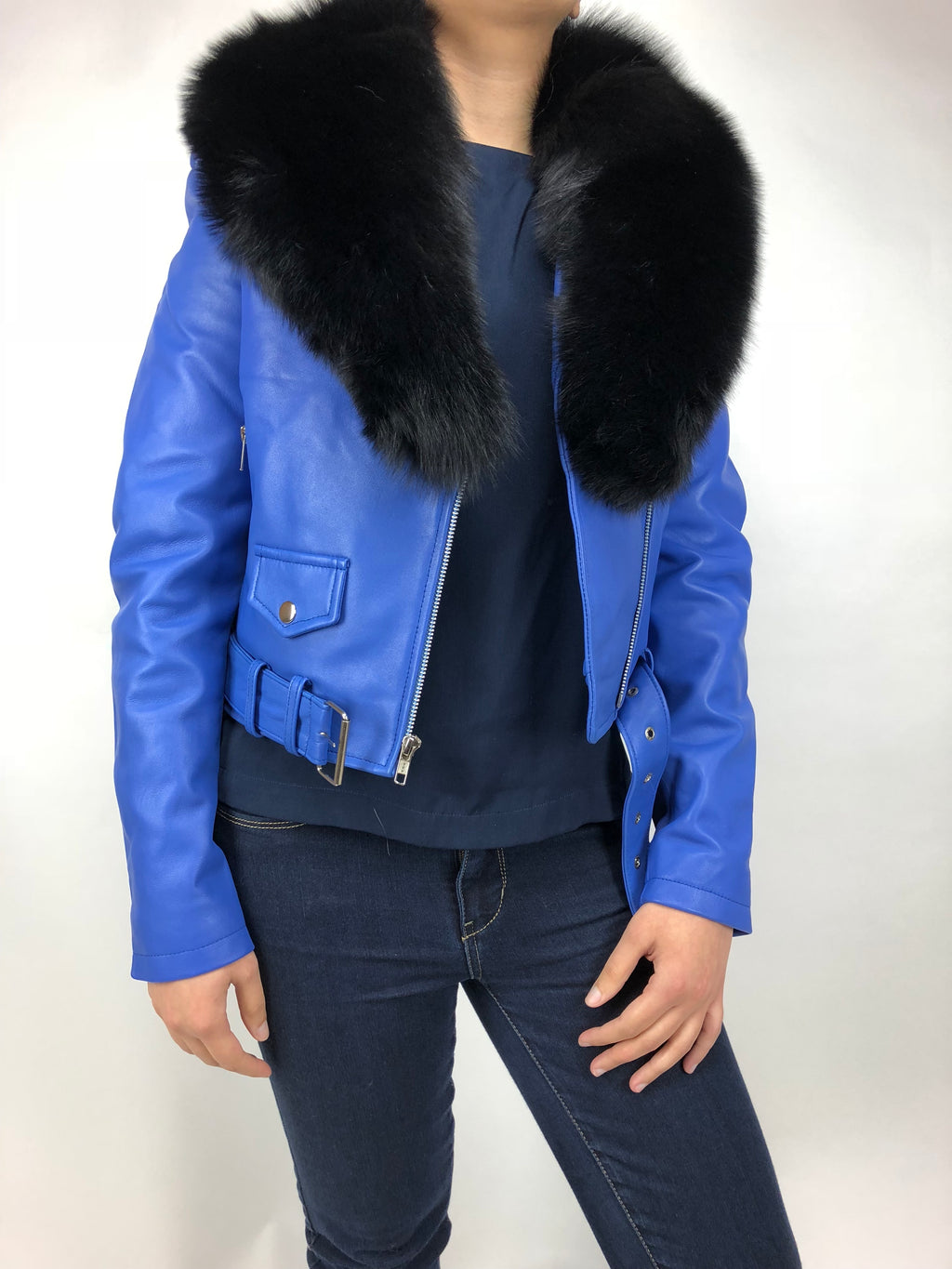 Women's Classic Biker Royal Blue With Fox Collar [ SLIM FIT ]