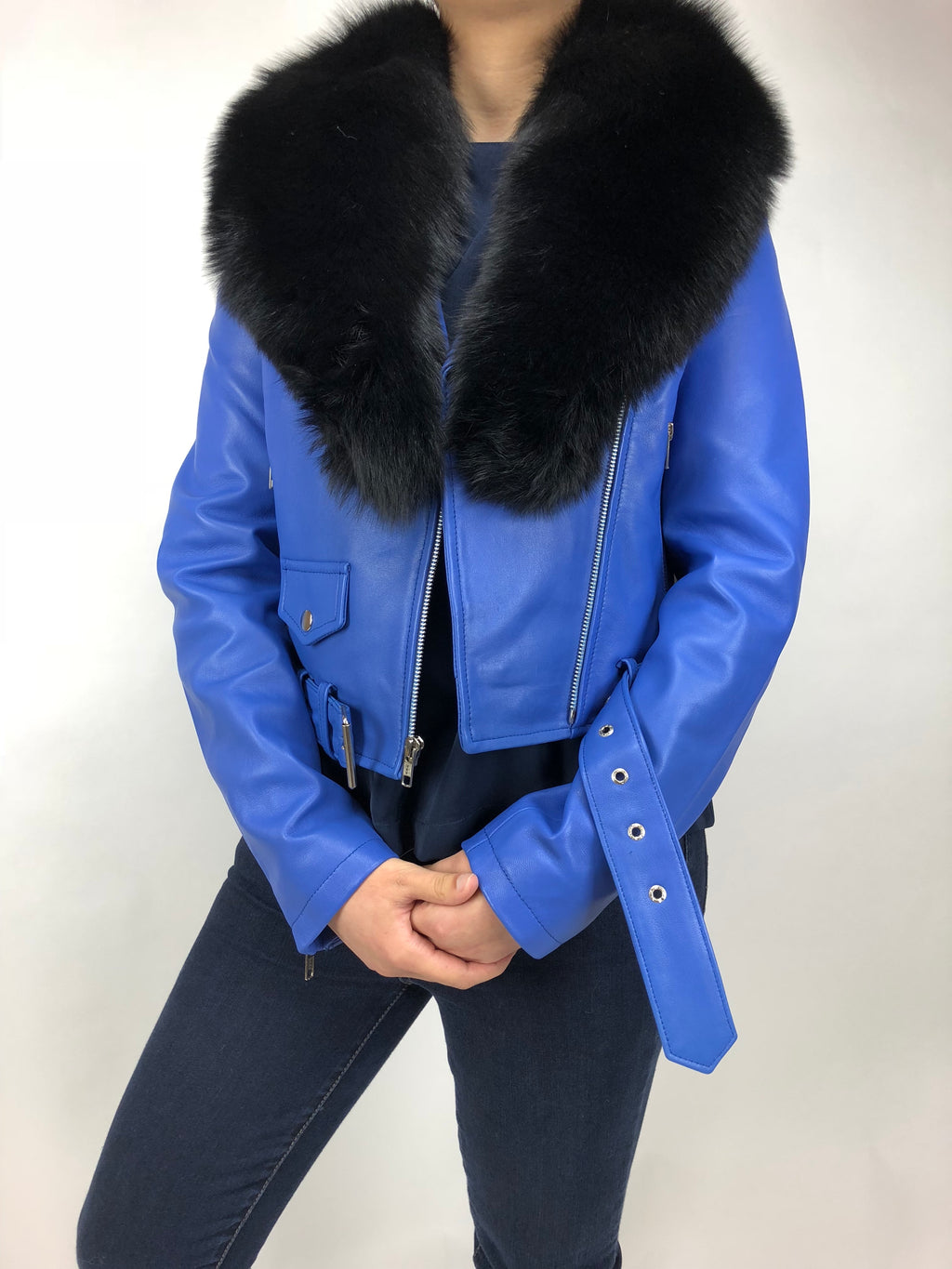 Women's Classic Biker Royal Blue With Fox Collar [ SLIM FIT ]