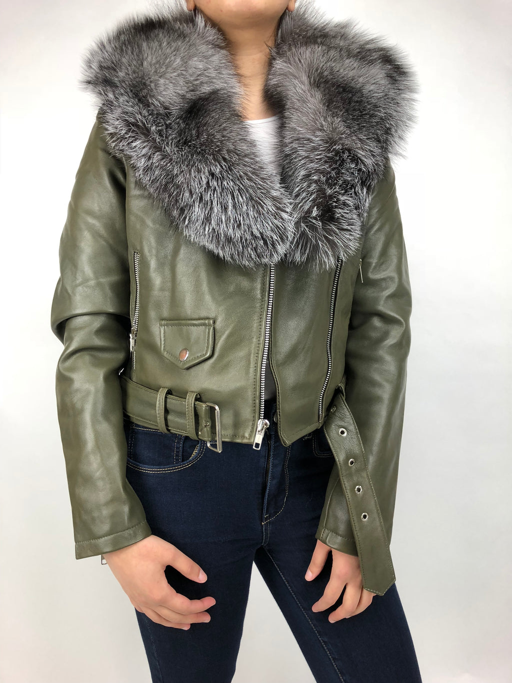 Women's Classic Biker Olive Green With Fox Collar [Slim Fit]