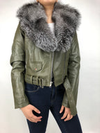 Women's Classic Biker Olive Green With Fox Collar [Slim Fit]