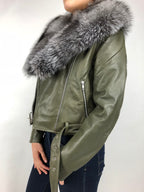Women's Classic Biker Olive Green With Fox Collar [Slim Fit]