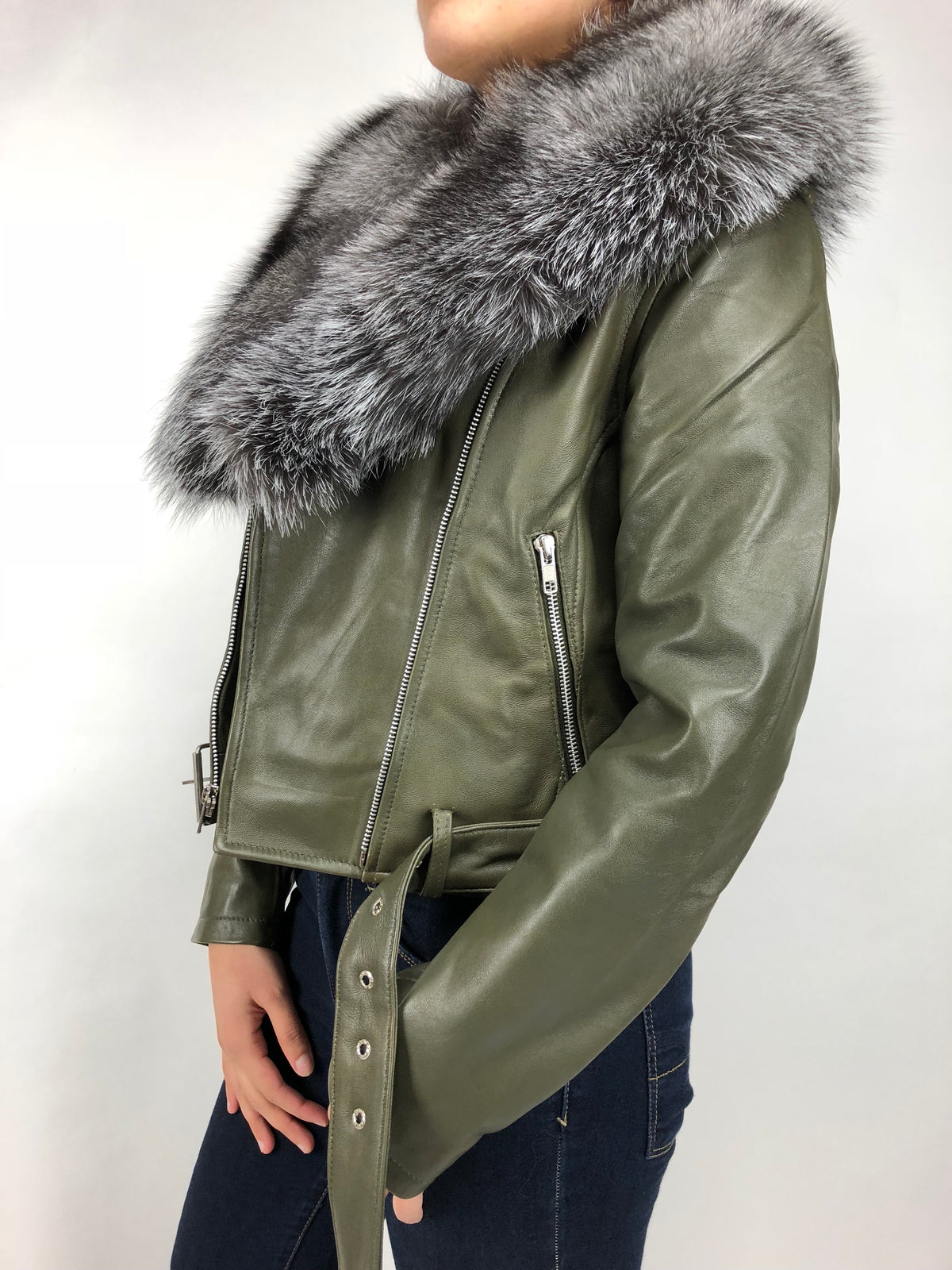 Women's Classic Biker Olive Green With Fox Collar [Slim Fit]