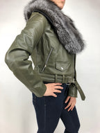 Women's Classic Biker Olive Green With Fox Collar [Slim Fit]