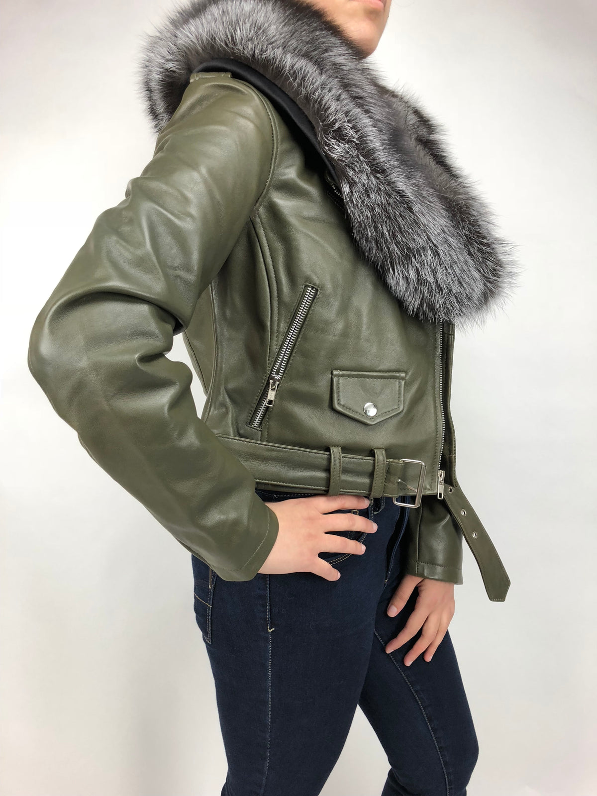 Women's Classic Biker Olive Green With Fox Collar [Slim Fit]