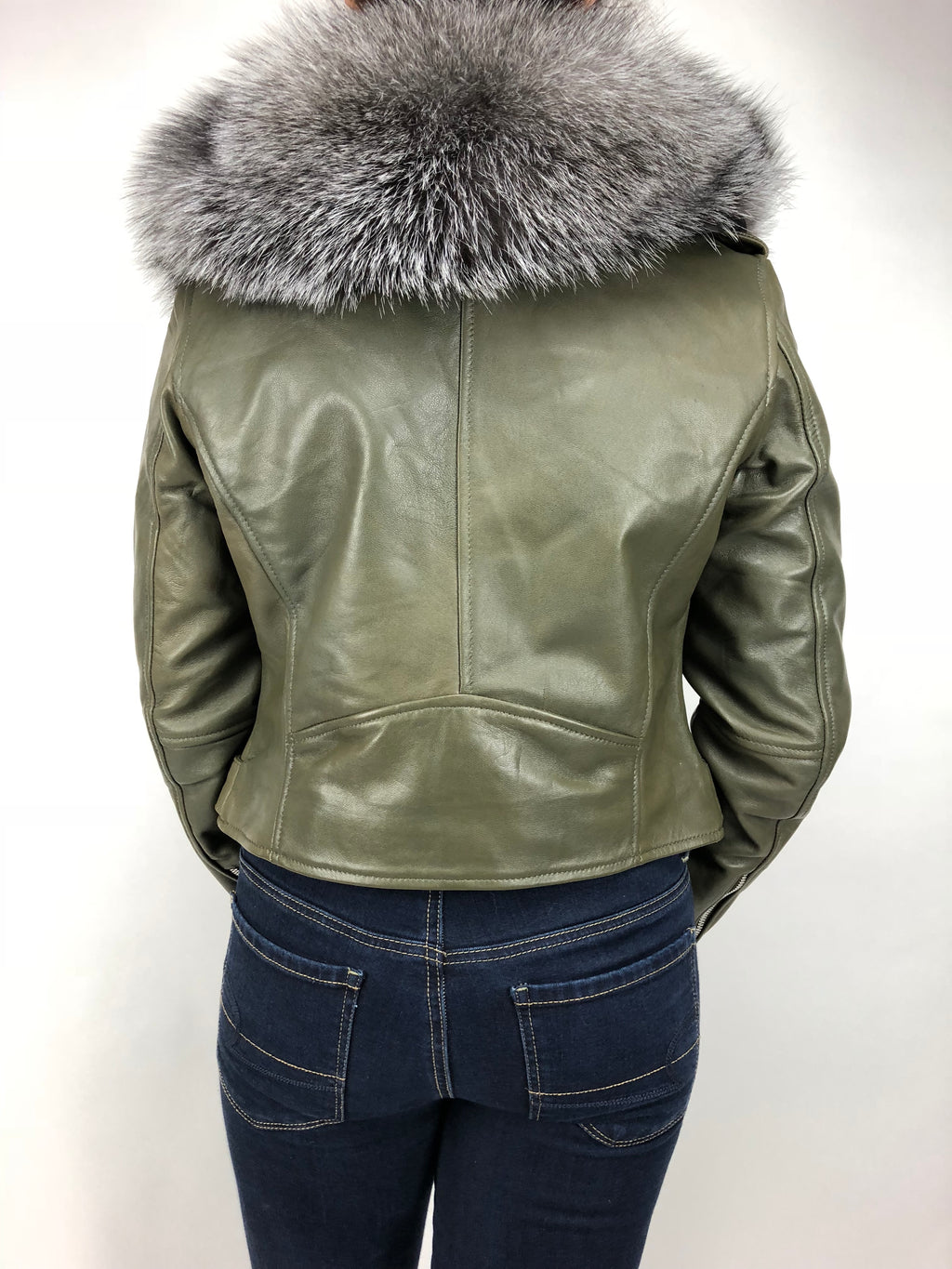 Women's Classic Biker Olive Green With Fox Collar [Slim Fit]