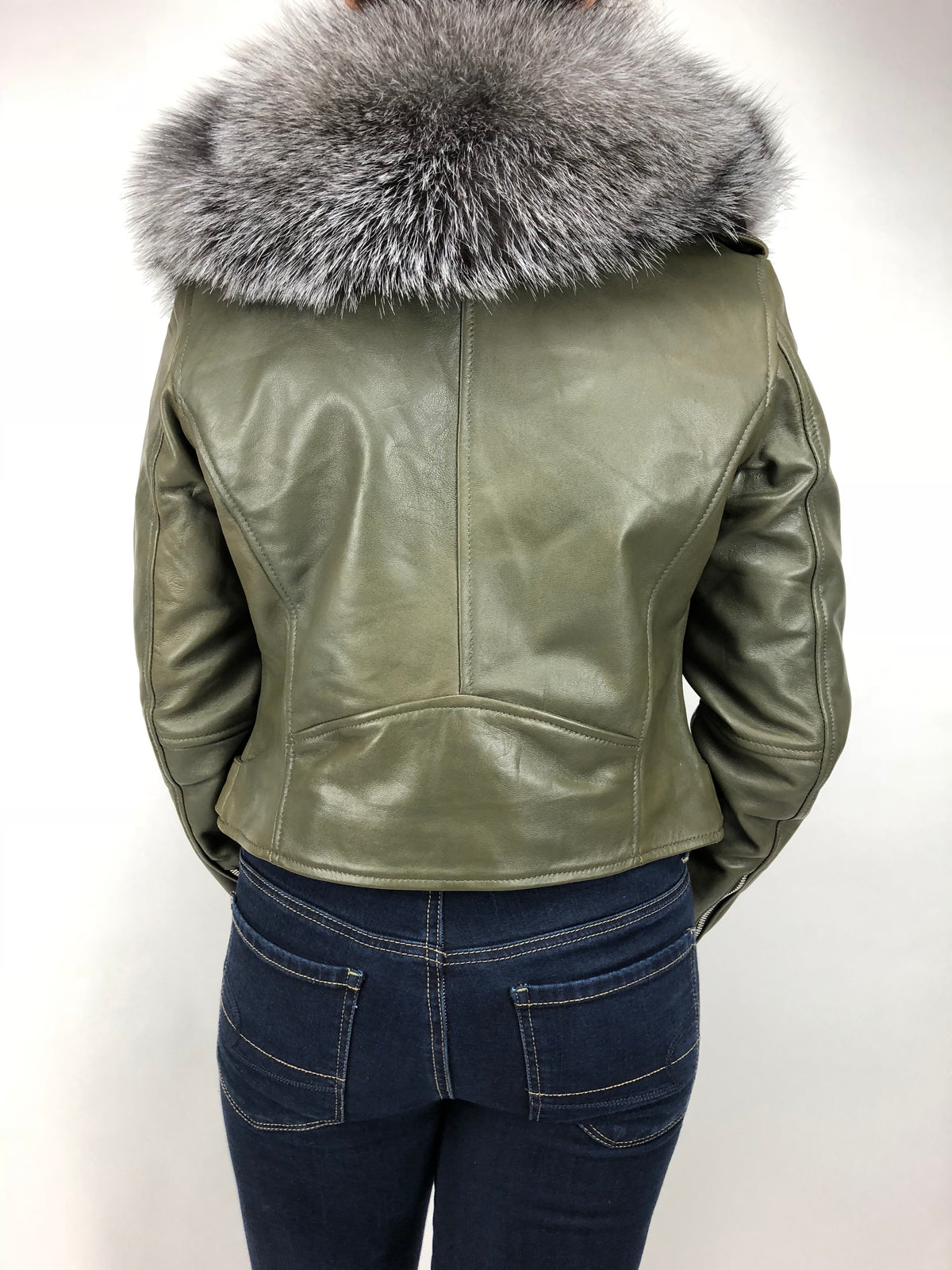 Women's Classic Biker Olive Green With Fox Collar [Slim Fit]