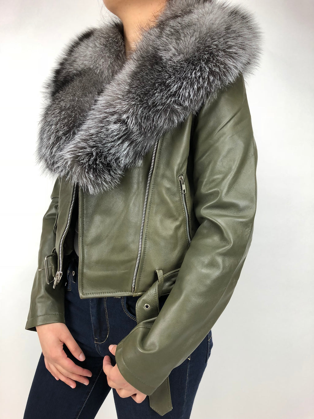 Women's Classic Biker Olive Green With Fox Collar [Slim Fit]