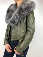 Women's Classic Biker Olive Green With Fox Collar [Slim Fit]