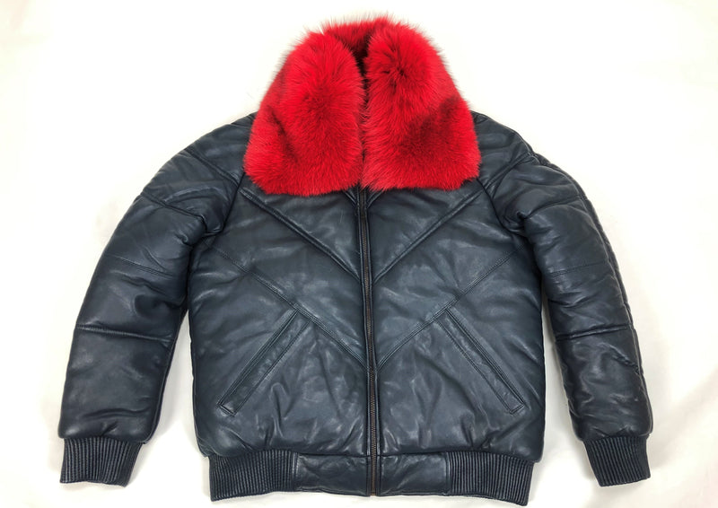 Men's V-Bomber Navy Premium Red Fox Collar