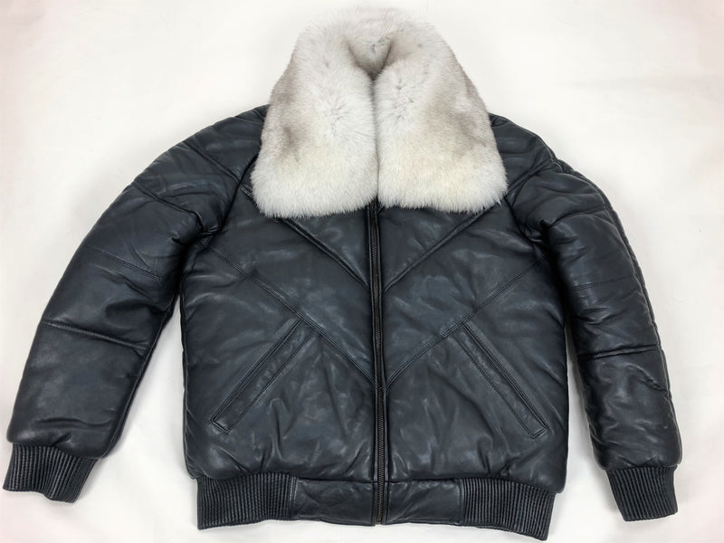 Men's V-Bomber Navy Premium Siberian Fox Collar