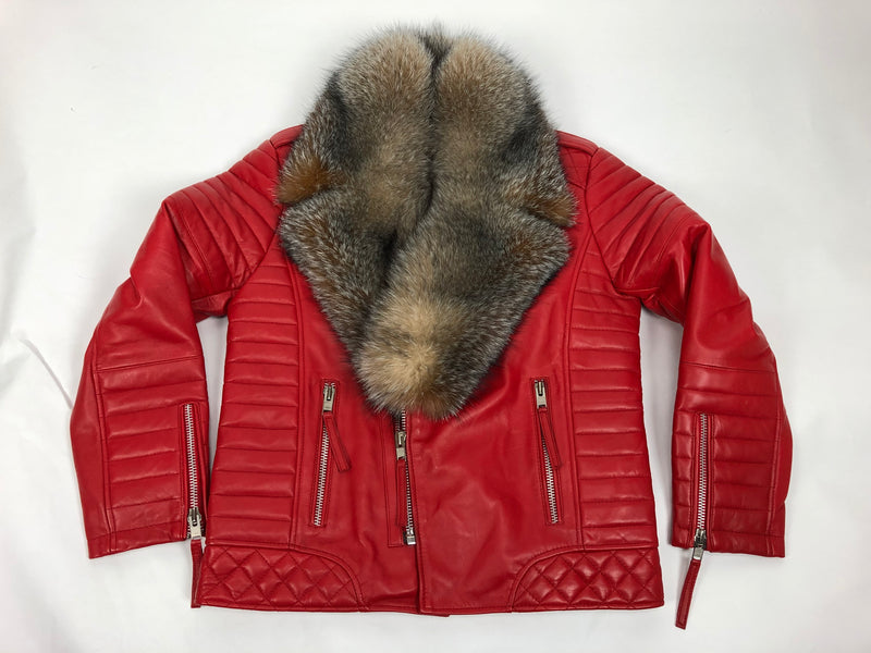 Men's Jay Biker Jacket Red With Full Crystal Fox Collar